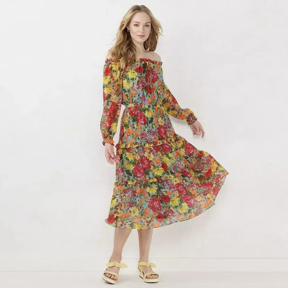 {LC Lauren Conrad} Off-the-Shoulder Midi Dress in Floral Print - Size Medium - Picture 1 of 15